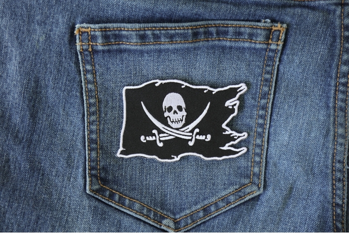 Pirate Skull Flag Patch shown on jeans
