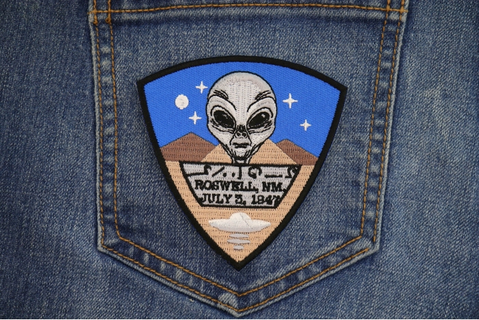 Roswell New Mexico Alien Patch shown on jeans