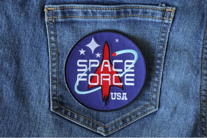 Space Force USA Iron on Novelty Patch shown on jeans