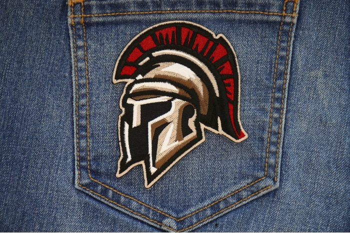 Spartan Helmet Patch shown on jeans