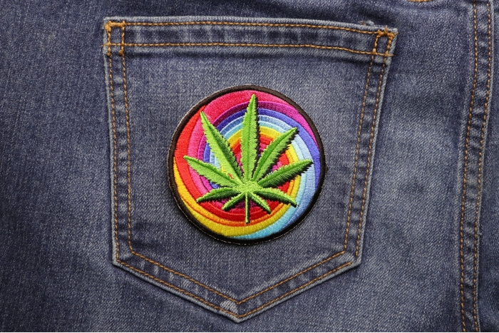 Sweet Leaf Marijuana Novelty Iron on Patch shown on jeans
