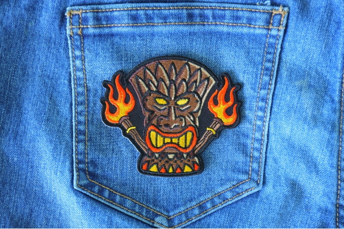 Tiki Totem Iron on Patch shown on jeans