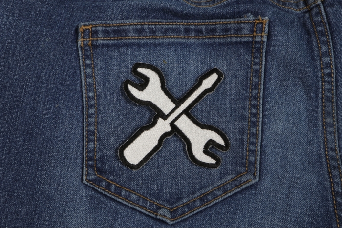 Wrench and Screwdriver Iron on Novelty Iron on Patch shown on jeans