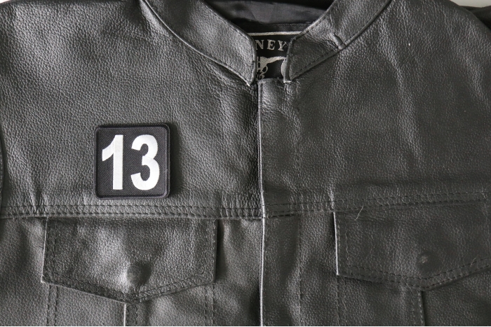 13 Patch, Iron on Patch, Embroidered shown on leather vest