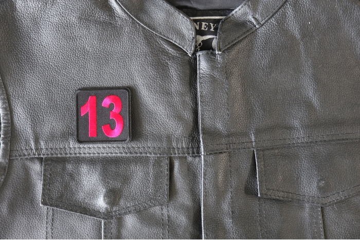 13 Patch, Iron on Patch, Embroidered shown on leather vest