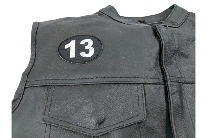 Lucky 13 Patch - 2.75x2 inch. Embroidered Iron on Patch shown on leather vest