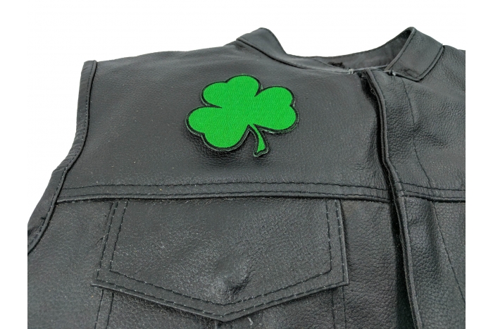 3 Leaf Clover Shamrock Patch - 3 inch. Embroidered Iron on Patch shown on leather vest