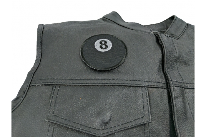 8 Ball Patch - 3x3 inch. Embroidered Iron on Patch shown on leather vest
