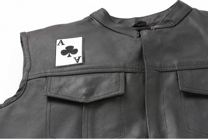 Ace Of Clubs Patch - 2x3 inch. Embroidered Iron on Patch shown on leather vest