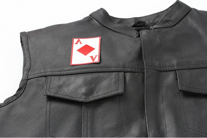 Ace Of Diamonds Patch - 2x3 inch. Embroidered Iron on Patch shown on leather vest