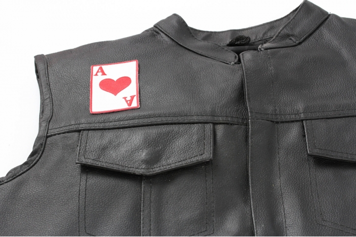 Ace Of Hearts Patch - 2x3 inch. Embroidered Iron on Patch shown on leather vest