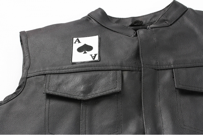 Ace Of Spades Patch - 2x3 inch. Embroidered Iron on Patch shown on leather vest