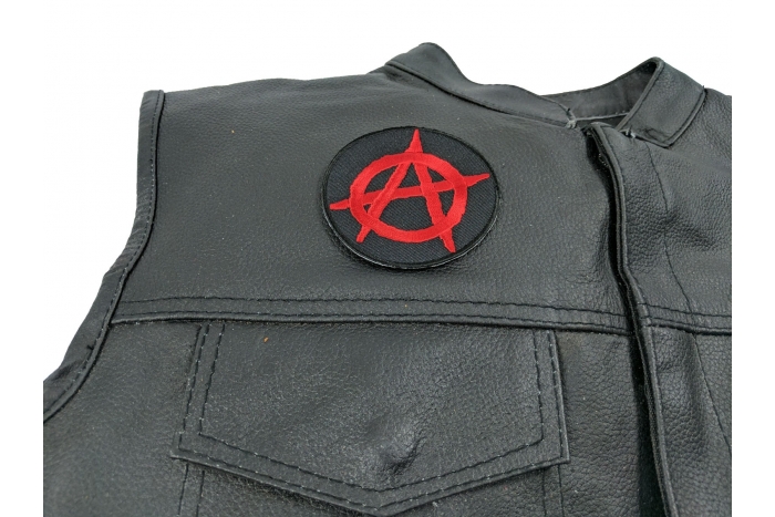 Anarchy Red Round Patch - 3 inch shown on leather vest