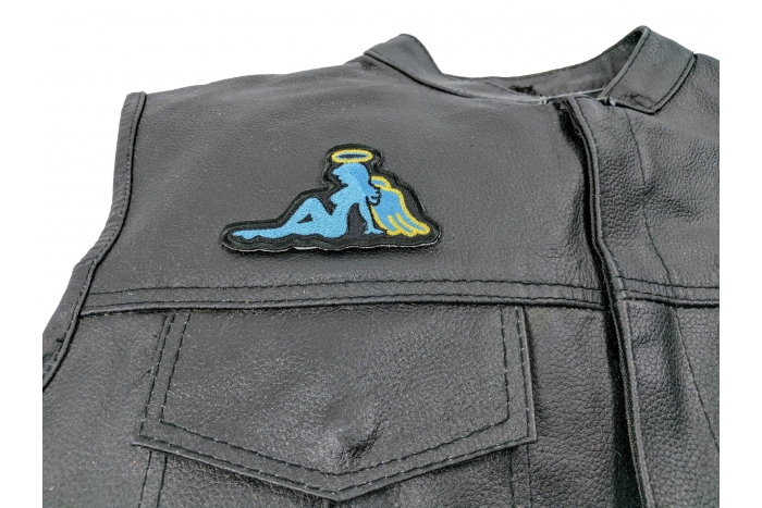 Angel Girl Patch - 3.5x2 inch. Embroidered Iron on Patch shown on leather vest
