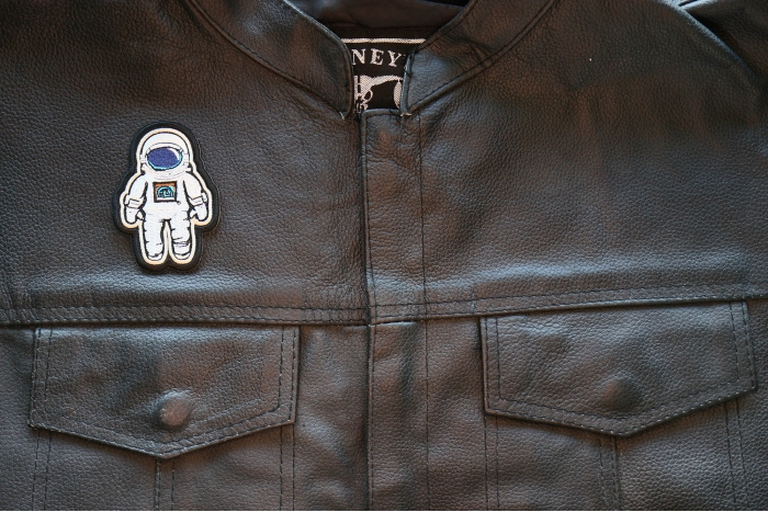 Floating Astronaut Patch, Iron on Patches shown on leather vest