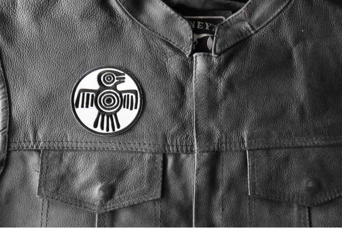 Aztec Tribal Patch - 3x3 inch - Embroidered Iron on Patch shown on leather vest