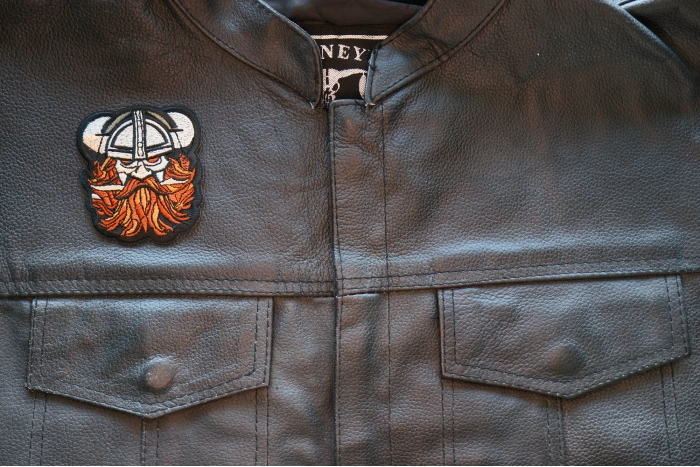 Beard Viking Iron on Patch shown on leather vest