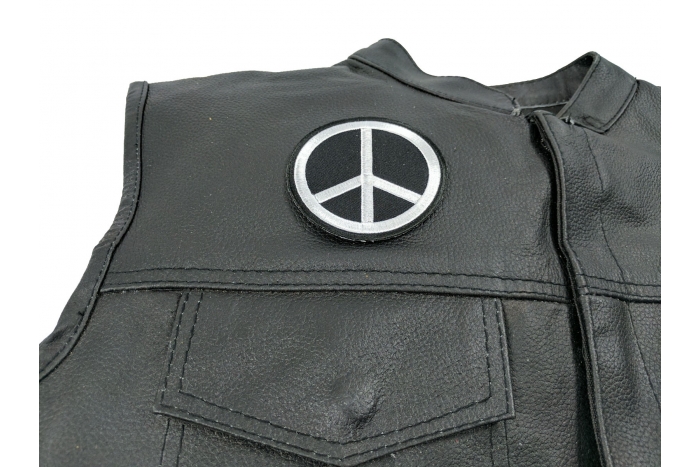 Black White Peace Sign Patch - 3x3 inch. Embroidered Iron on Patch shown on leather vest