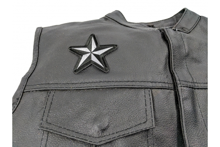 Black White Star Patch - 3x3 inch. Embroidered Iron on Patch shown on leather vest