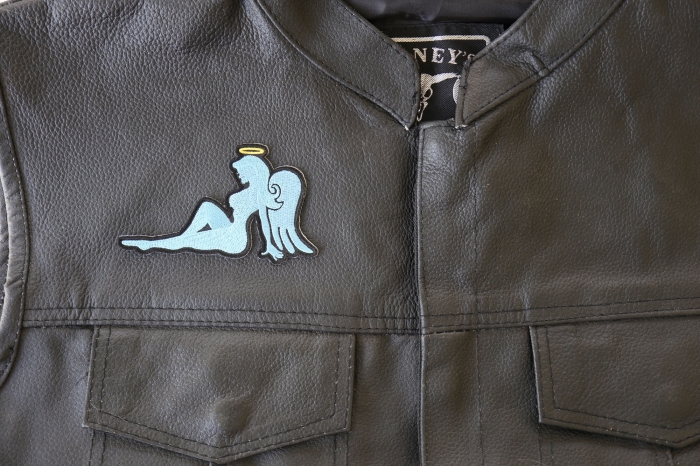 Blue Angel Girl Patch - 4x2.6 inch - Embroidered Iron on Patch shown on leather vest