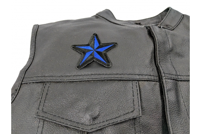 Blue Star Patch, Iron on Patches shown on leather vest