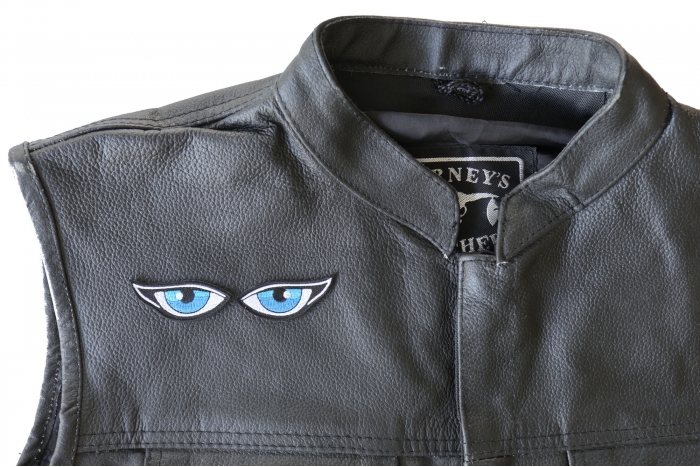 Blue Eyes Patches - 2x0.8 inch - Embroidered Iron on Patch shown on leather vest