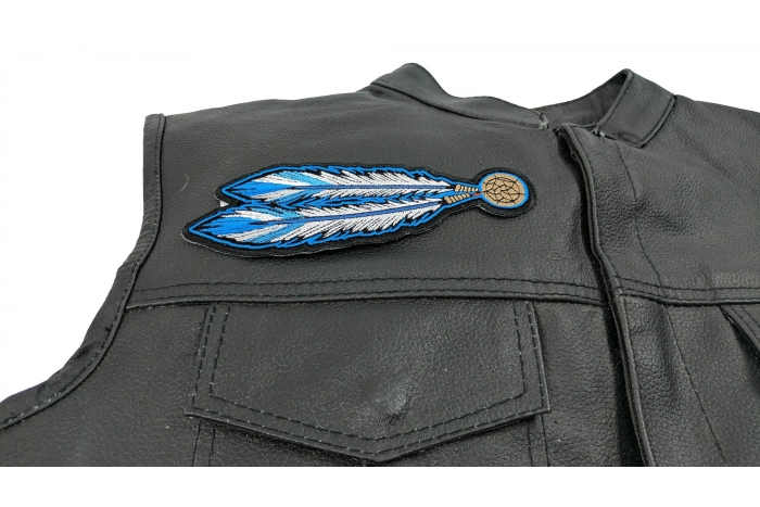 Blue White Feathers Patch - 2.25x6.5 inch. Embroidered Iron on Patch shown on leather vest
