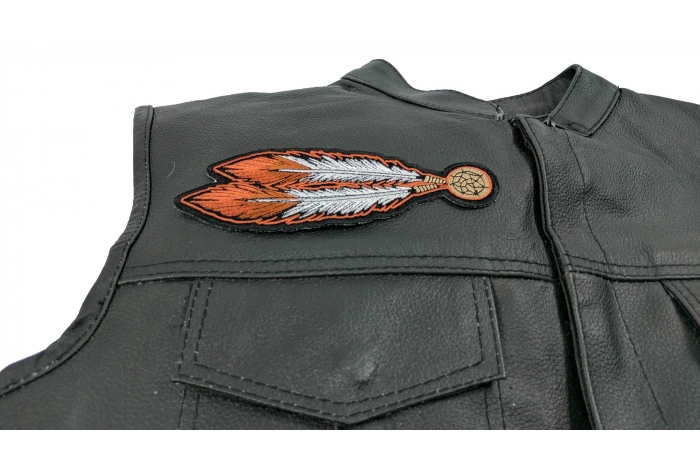 Brown White Feathers Patch - 2.25x6.5 inch. Embroidered Iron on Patch shown on leather vest