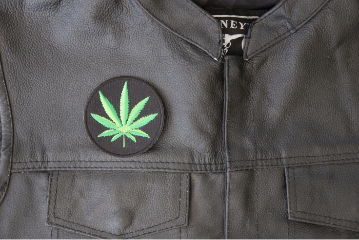 Cannabis Leaf Patch - 3x3 inch - Embroidered Iron on Patch shown on leather vest
