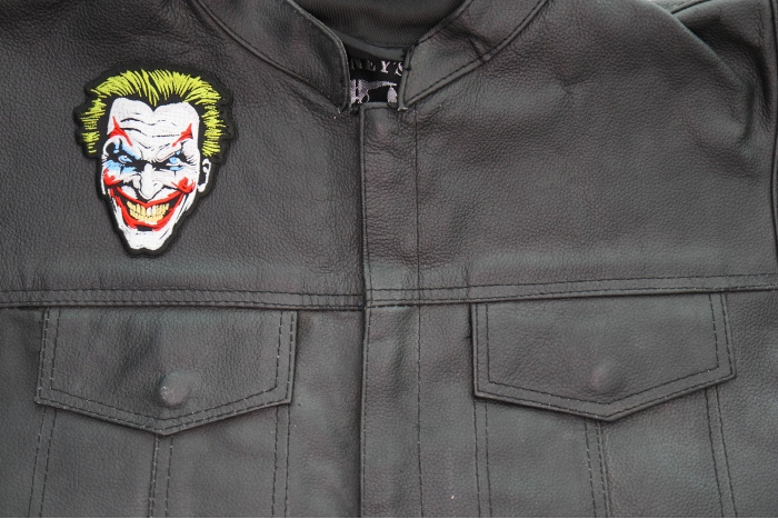 Cheeky Joker Patch shown on leather vest