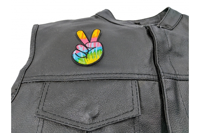 Colorful Peace Fingers Hand Sign Iron On Patch - 2x3 inch. Embroidered Iron on Patch shown on leather vest