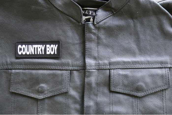 Country Boy Patch, Funny Saying Patches, Sew or Iron on Patch shown on leather vest