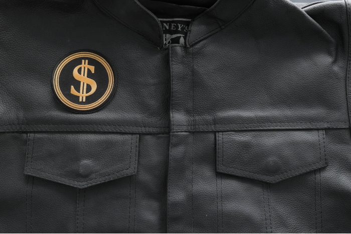 DOGE Department Of Government Efficiency DOLLAR Sign Patch shown on leather vest