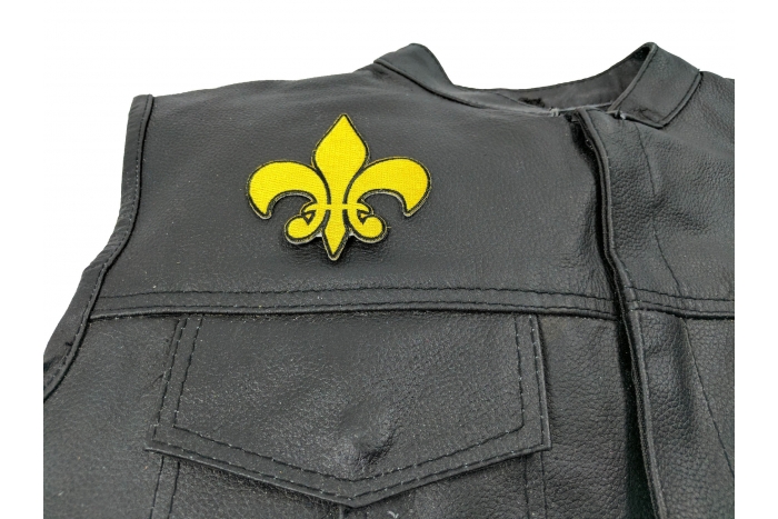 Fleur De Lis Patch, Iron on Patches shown on leather vest