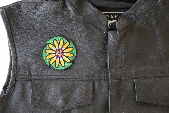Flowers and Leaves Patch - 3x3 inch. Embroidered Iron on Patch shown on leather vest
