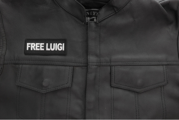 Free Luigi Patch shown on leather vest