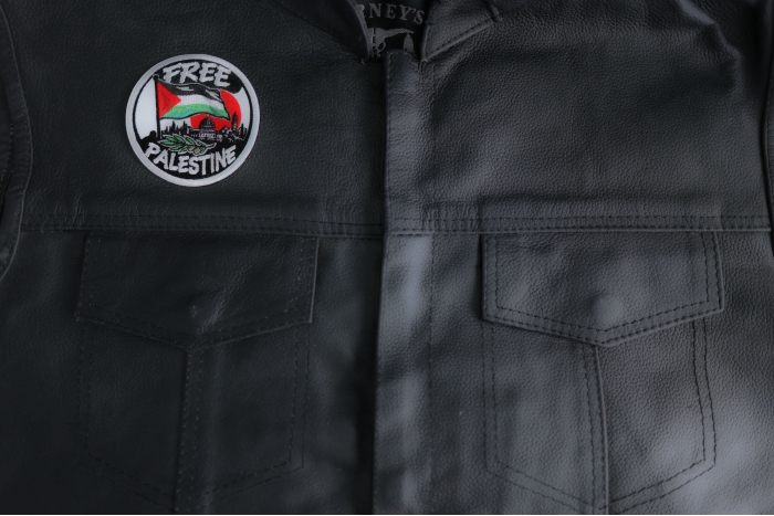 Free Palestine Patch shown on leather vest