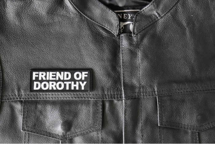 Friend of Dorothy Patch, Funny Saying Patches shown on leather vest