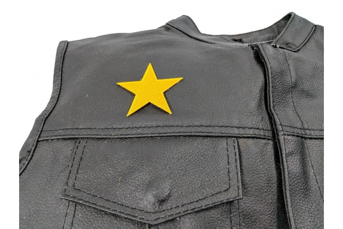 Gold Star Patch, Iron on Patches shown on leather vest