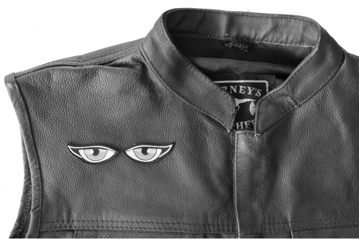 Gray Eyes Patch - 2x0.8 inch - Embroidered Iron on Patch shown on leather vest