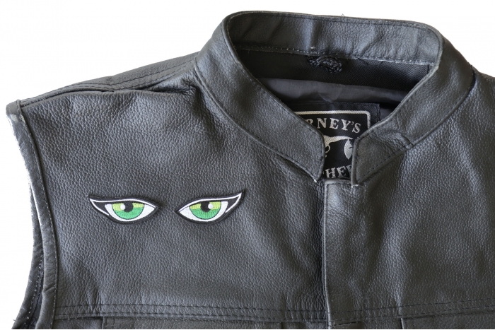 Green Eyes Patch - 2x0.8 inch - Embroidered Iron on Patch shown on leather vest