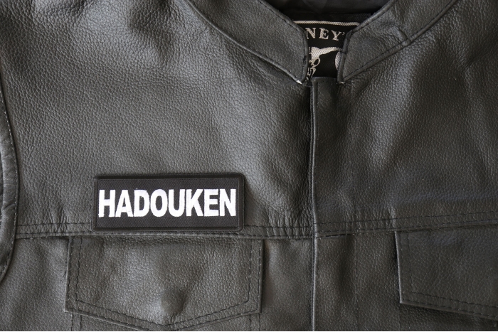 Hadouken Patch - 4x1.5 inch, Funny Saying Patches shown on leather vest