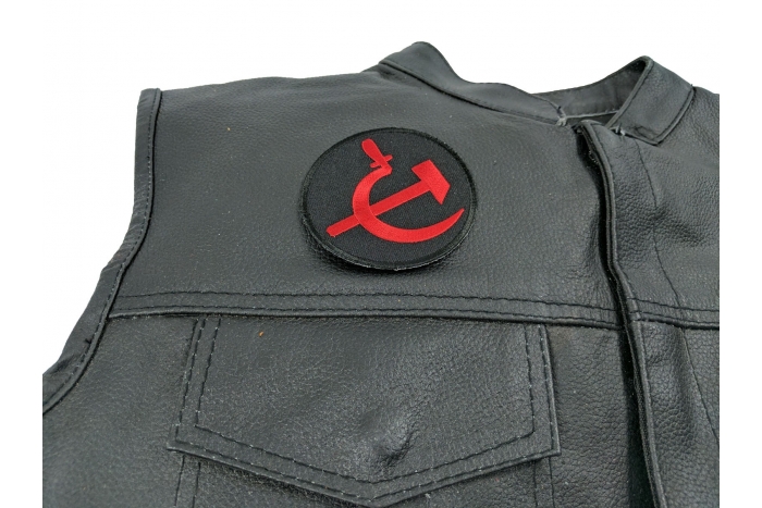Hammer and Sickle Patch - 3x3 inch - Embroidered Iron on Patch shown on leather vest