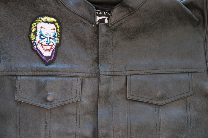 Hello Joker Patch shown on leather vest