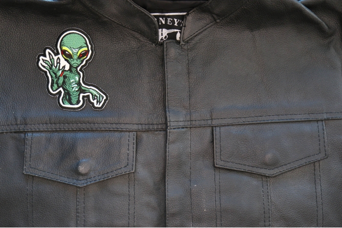 Hi Five Alien Patch shown on leather vest