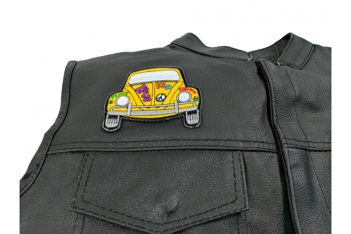 Hippie Bug Car Patch - 3.6x3 inch. Embroidered Iron on Patch shown on leather vest