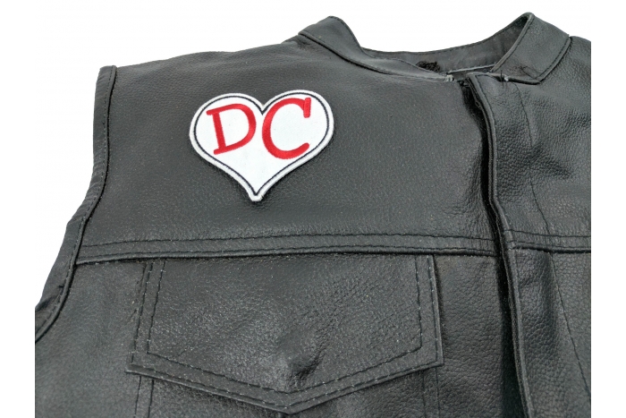 I Love DC Heart Patch - Iron on Patch - 3x3 inch shown on leather vest