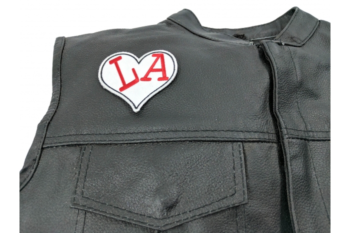 I Love LA Heart Patch - Iron on Patch - 3x3 inch shown on leather vest