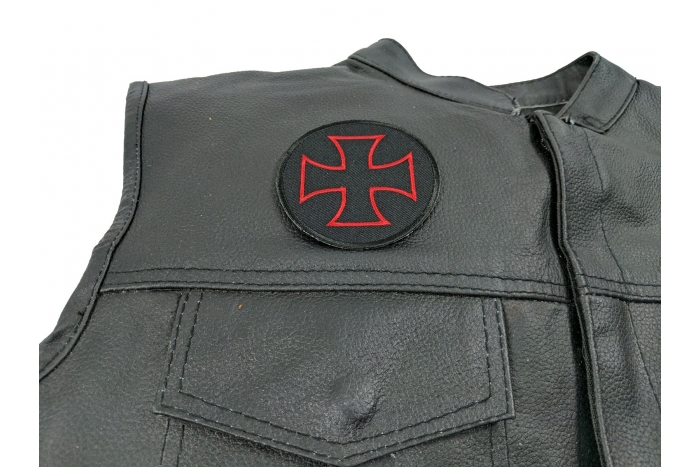 Iron Cross Patch Red Black - 3 inch. Embroidered Iron on Patch shown on leather vest