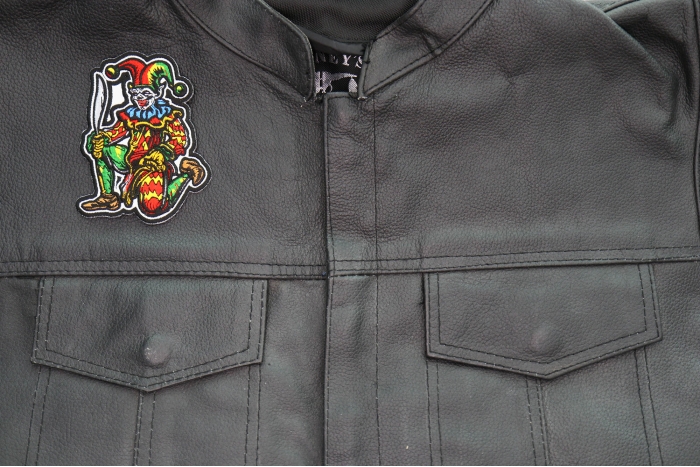Jester Bending Knee Patch shown on leather vest
